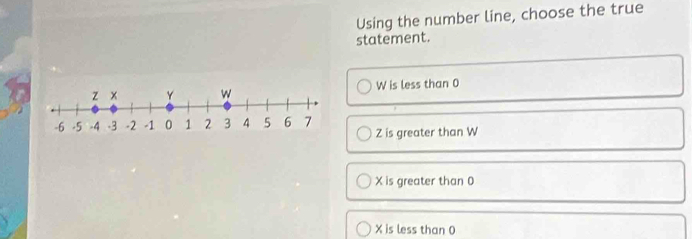 Using the number line, choose the true
statement.
W is less than 0
Z is greater than W
X is greater than 0
X is less than 0