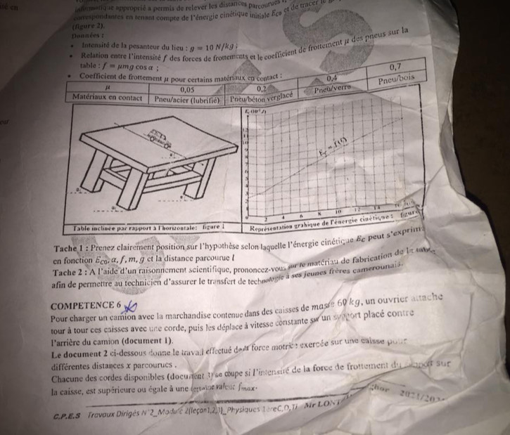 ité en informarique approprié a permis de relever les distances parcourues l
(figure 2). conespondantes en tenant compte de l'énergie cinétique initale 8ça et de tracer 1 a
Données :
Relation entre l'intensité f des fo ets et le coefficient de frottement à des pneus sur la
Intensité de la pesanteur du lieu : g=10N/kg:
table : f= μmg cos α ;
0,7
Coefficient de frottement μ pour certains matériaux en contact :
0,4 Pneu/bois
μ 0.05 0,2 Pneu/verro
Matériaux en contact Pneu/acier (lubrifié) Pneu/béton verglacé
110°
cur
E_C=f(t)
4 6 x 10 17 1 , 9x+4
Représentation grabique de l'énergie cinétique :  f gure
Tache 1 : Prenez clairement position sur l'hypothèse selon laquelle l'énergie cinétique 8e peut s'exprim
en fonction ε α, ∫ , m,g et la distance parcourue l
Tache 2 : À l'aïde d'un raisonnement scientifique, prononcez-vous sur le matériau de fabrication de la  
afin de permettre au technicien d'assurer le transfert de technologie à ses jeunes frères camerounais.
COMPETENCE 6
Pour charger un camion avec la marchandise contenue dans des caisses de masse 60 kg, un ouvrier attache
tour à tour ces caisses avec une corde, puis les déplace à vitesse constante su un syeport placé contre
Parrière du camion (document 1).
Le document 2 ci-dessous donne le travail effectué deA force motrice exercée sur une caisse pour
différentes distances x parcourucs .
Chacune des cordes disponibles (document 3) se cupe si l'intensité de la force de frottement du mport sur
la caisse, est supérieure ou égale à une legoie valeue fiax. ;hor
2021/202
C.P.E.S  Travaux Dirigés N°2_Module 2(leçan1,2,3)_Physiques 1èreC,O,Ti Mr LONT