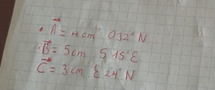 · vector A=4cm^,032^0N
overline B=5cm515°varepsilon
vector C=3cmvarepsilon 24°N