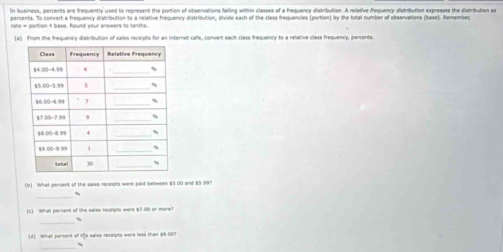 In business, percents are frequently used to represent the portion of observations falling within classes of a frequency distribution. A relative frequency distribution expresses the distribution as 
percents. To convert a frequency distribution to a relative frequency distribution, divide each of the class frequencies (portion) by the total number of observations (base). Remember, 
rate = portion ÷ base. Round your answers to tenths. 
(a) From the frequency distribution of sales receipts for an internet cafe, convert each class frequency to a relative class frequency, percents. 
(b) What percent of the sales receipts were paid between $5.00 and $5.99? 
_
%
(c) What percent of the sales receipts were $7.00 or more? 
_ %
(d) What percent of tife sales receipts were less than $8.00? 
_
%