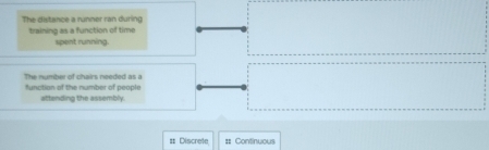 The distance a runner ran during
training as a function of time
spent running.
The number of chairs needed as a
function of the number of people
attending the assembly.
== Discrete # Continuous