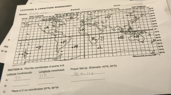 Find the coordinates of points A-B
Latitude (north/south)  Longilude (westleast) _Proper Set-u
A:
_
_
_
B
_
_
C: Place a C on coordinates 20°N, 80°W