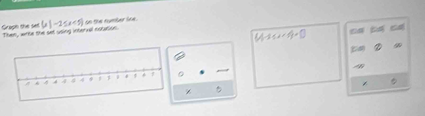 Graph the set (x|-2≤ x<5) do te aueter ioe 
Then, wite the set using interxal cotation. 
/ 
Z