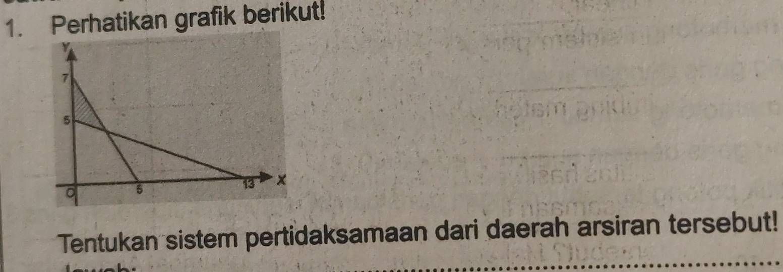 Perhatikan grafik berikut! 
Tentukan sistem pertidaksamaan dari daerah arsiran tersebut!