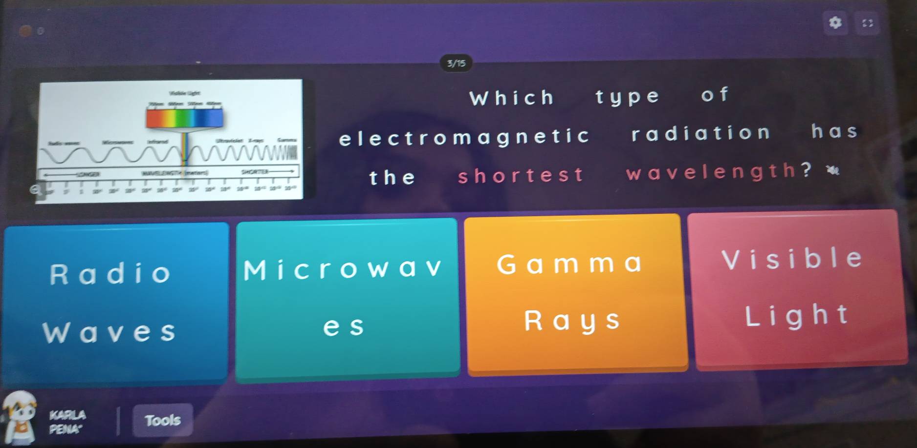 3/15
Which t y p e o f
e l e c tr o m a g n e t i c radiation has
the shortest w a v e l e ng th ?
Radio Microwav G a m m a
Visible
Waves e s
Rays Light
KARLA
PENA
Tools