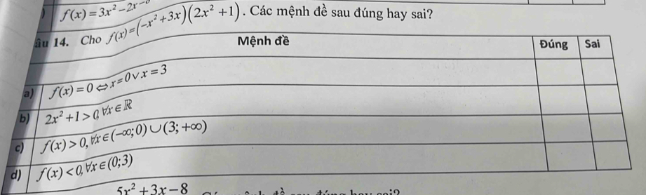 f(x)=3x^2-2x-. Các mệnh đề sau đúng hay sai?
f(x)=(-x^2+3x)(2x^2+1)
5x^2+3x-8