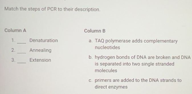 Solved: Match the steps of PCR to their description. Column A Column B ...