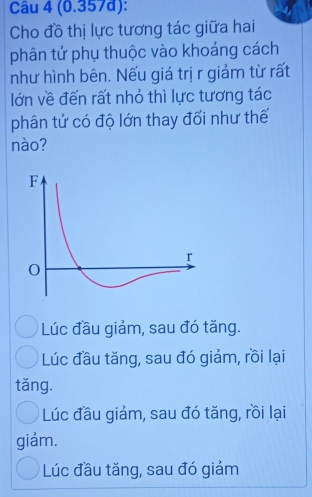 (0.357đ):
Cho đồ thị lực tương tác giữa hai
phân tử phụ thuộc vào khoảng cách
như hình bên. Nếu giá trị r giám từ rất
lớn về đến rất nhỏ thì lực tương tác
phân tử có độ lớn thay đối như thế
nào?
Lúc đầu giảm, sau đó tăng.
Lúc đầu tăng, sau đó giảm, rồi lại
tǎng.
Lúc đầu giám, sau đó tăng, rồi lại
giảm.
Lúc đầu tăng, sau đó giảm