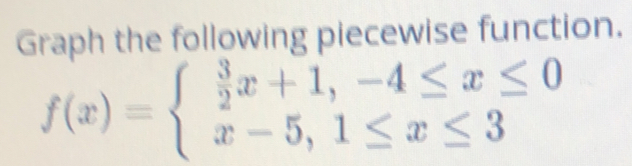 Graph the following piecewise function.
f(x)=beginarrayl  3/2 x+1,-4≤ x≤ 0 x-5,1≤ x≤ 3endarray.