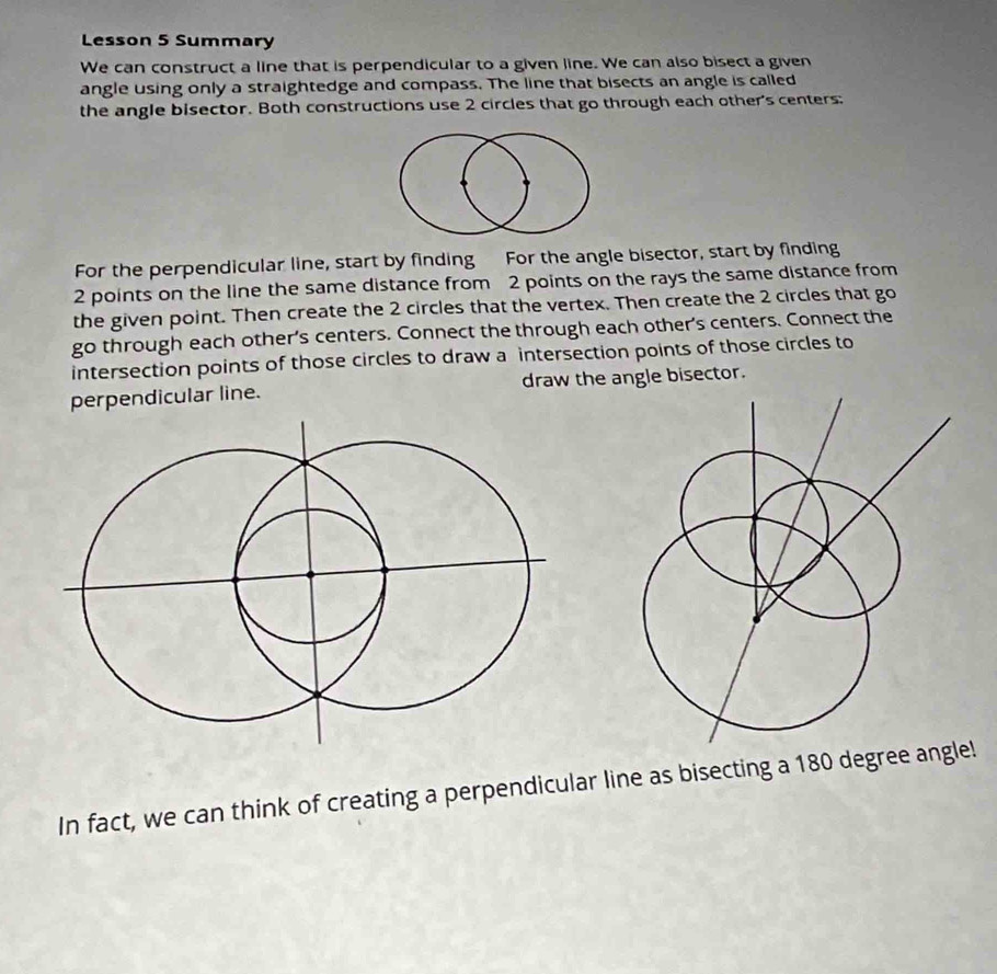 Lesson 5 Summary 
We can construct a line that is perpendicular to a given line. We can also bisect a given 
angle using only a straightedge and compass. The line that bisects an angle is called 
the angle bisector. Both constructions use 2 circles that go through each other's centers: 
For the perpendicular line, start by finding For the angle bisector, start by finding
2 points on the line the same distance from 2 points on the rays the same distance from 
the given point. Then create the 2 circles that the vertex. Then create the 2 circles that go 
go through each other’s centers. Connect the through each other's centers. Connect the 
intersection points of those circles to draw a intersection points of those circles to 
perpendicular line. draw the angle bisector. 
In fact, we can think of creating a perpendicular line as bisecting a 180 degree a!