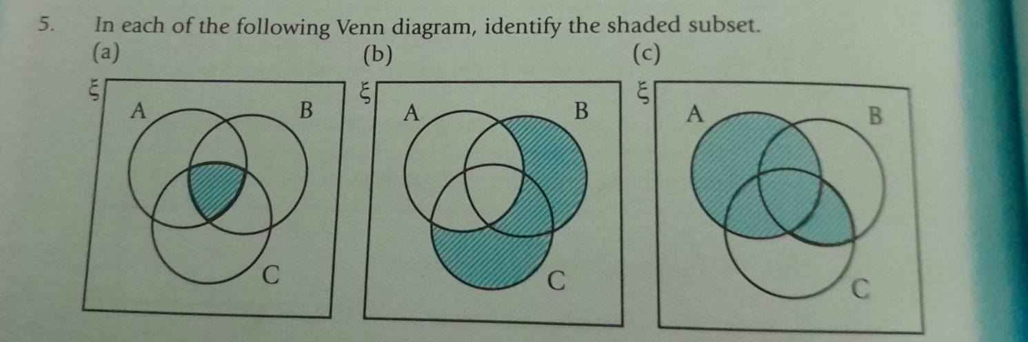 In each of the following Venn diagram, identify the shaded subset. 
(a) (b) (c)