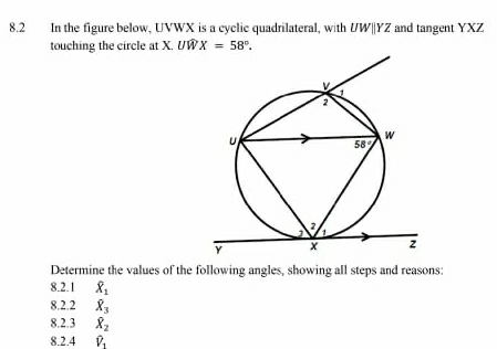 8.2 In the figure below, UVWX is a cyclic quadrilateral, with UWparallel YZ and tangent YXZ
touching the circle at X. Uwidehat WX=58°.
Determine the values of the following angles, showing all steps and reasons:
8.2.1 widehat X_1
8.2.2 overline X_3
8.2.3 overline X_2
8.2.4 hat V_1