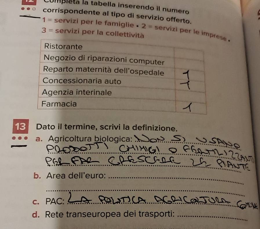 Completa la tabella inserendo il numero 
corrispondente al tipo di servizio offerto.
1= servizi per le famiglie . 2= servizi per le impse .
3= servizi per la collettività 
13 Dato il termine, scrivi la definizione. 
a. Agricoltura biologica:_ 
_ 
_ 
b. Area dell'euro:_ 
_ 
c. PAC:_ 
d. Rete transeuropea dei trasporti:_