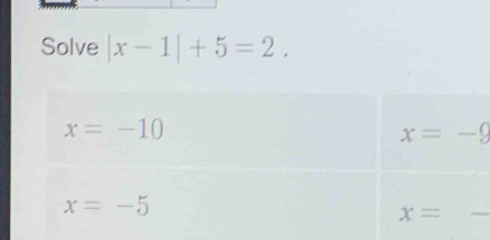 Solve |x-1|+5=2.