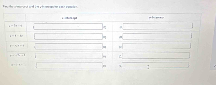 Find the x-intercept and the y-intercept for each equation.
<