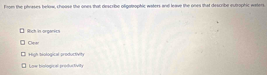 From the phrases below, choose the ones that describe oligotrophic waters and leave the ones that describe eutrophic waters.
Rich in organics
Clear
High biological productivity
Low biological productivity