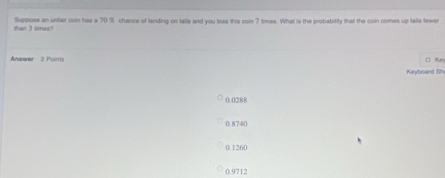 Suppose an unfair coin has a 70 % chance of landing on tails and you toss this coin 7 times. What is the probability that the coin comes up tails fewer
than 3 times?
Answer 2 Points Key
Keyboard Sh
0.0288
0.8740
0.1260
0.9712