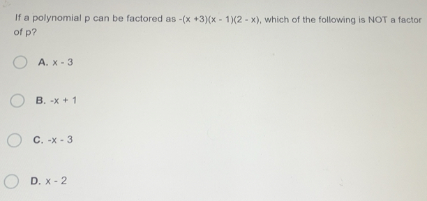 Giải quyết:If a polynomial p can be factored as -(x+3)(x-1)(2-x ...
