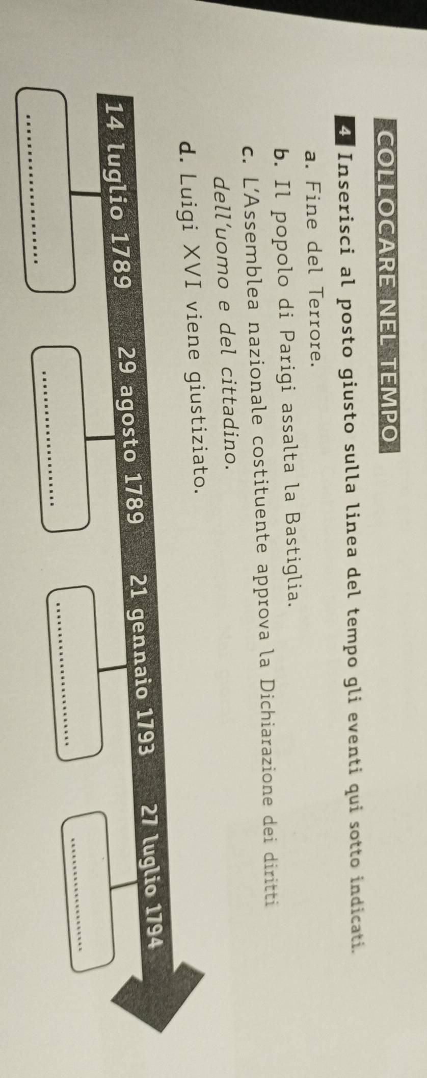 COLLOCARE NEL TEMPO 
4 Inserisci al posto giusto sulla linea del tempo gli eventi qui sotto indicati. 
a. Fine del Terrore. 
b. Il popolo di Parigi assalta la Bastiglia. 
c. L’Assemblea nazionale costituente approva la Dichiarazione dei diritti 
dell’uomo e del cittadino. 
d. Luigi XVI viene giustiziato. 
14 luglio 1789 29 agosto 1789 21 gennaio 1793 27 luglio 1794 
_ 
_ 
_ 
_
