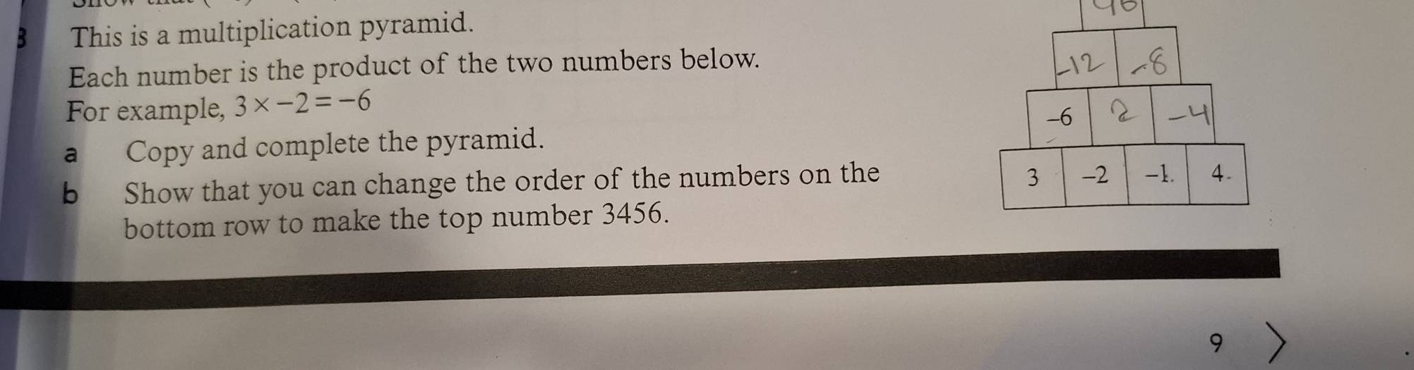 This is a multiplication pyramid. 
Each number is the product of the two numbers below. 
For example, 3* -2=-6
a Copy and complete the pyramid. 
b Show that you can change the order of the numbers on the 
bottom row to make the top number 3456. 
9