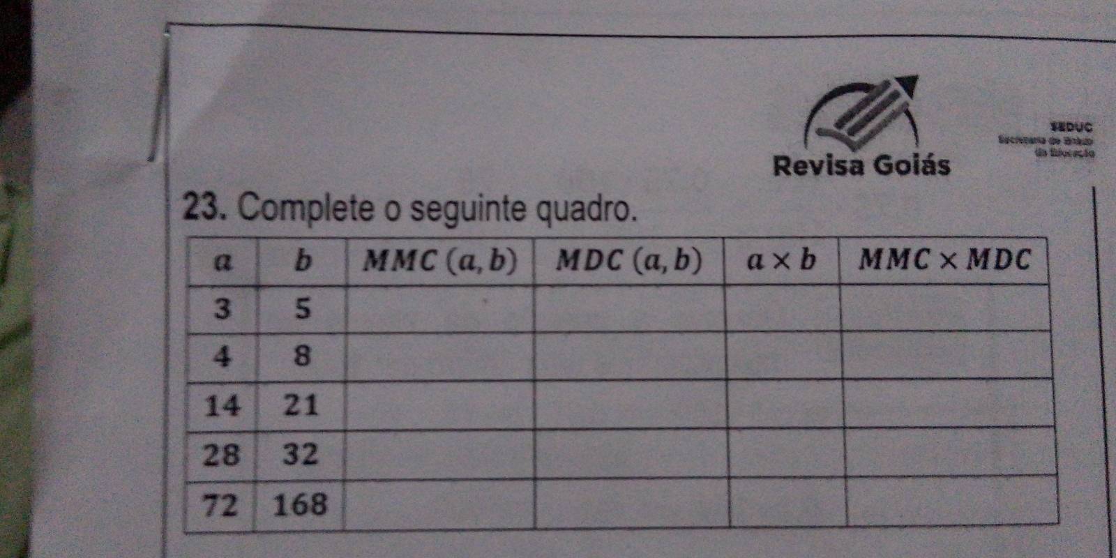 SEDUC
d      
Revisa Goiás
23. Complete o seguinte quadro.