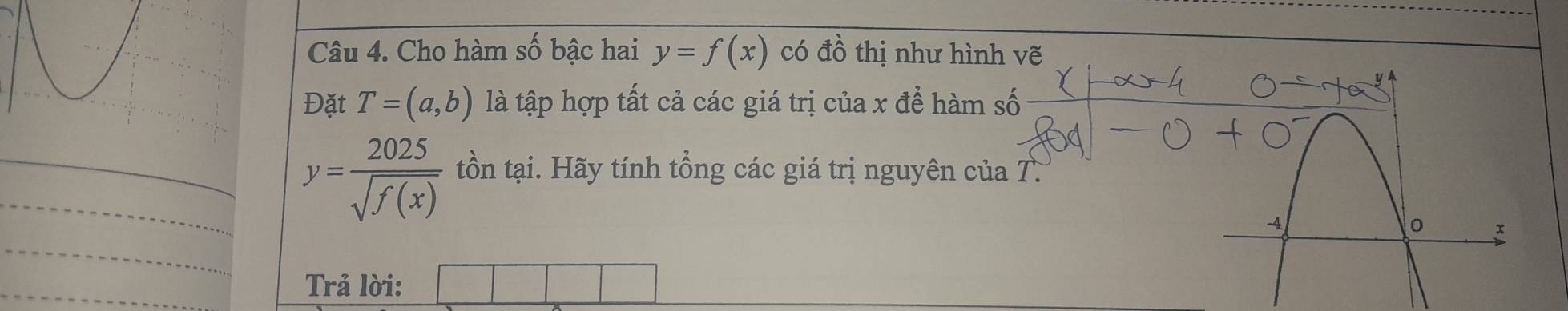 Cho hàm số bậc hai y=f(x) có đồ thị như hình vẽ 
Đặt T=(a,b) là tập hợp tất cả các giá trị của x để hàm số
y= 2025/sqrt(f(x))  tồn tại. Hãy tính tổng các giá trị nguyên của T. 
Trả lời: