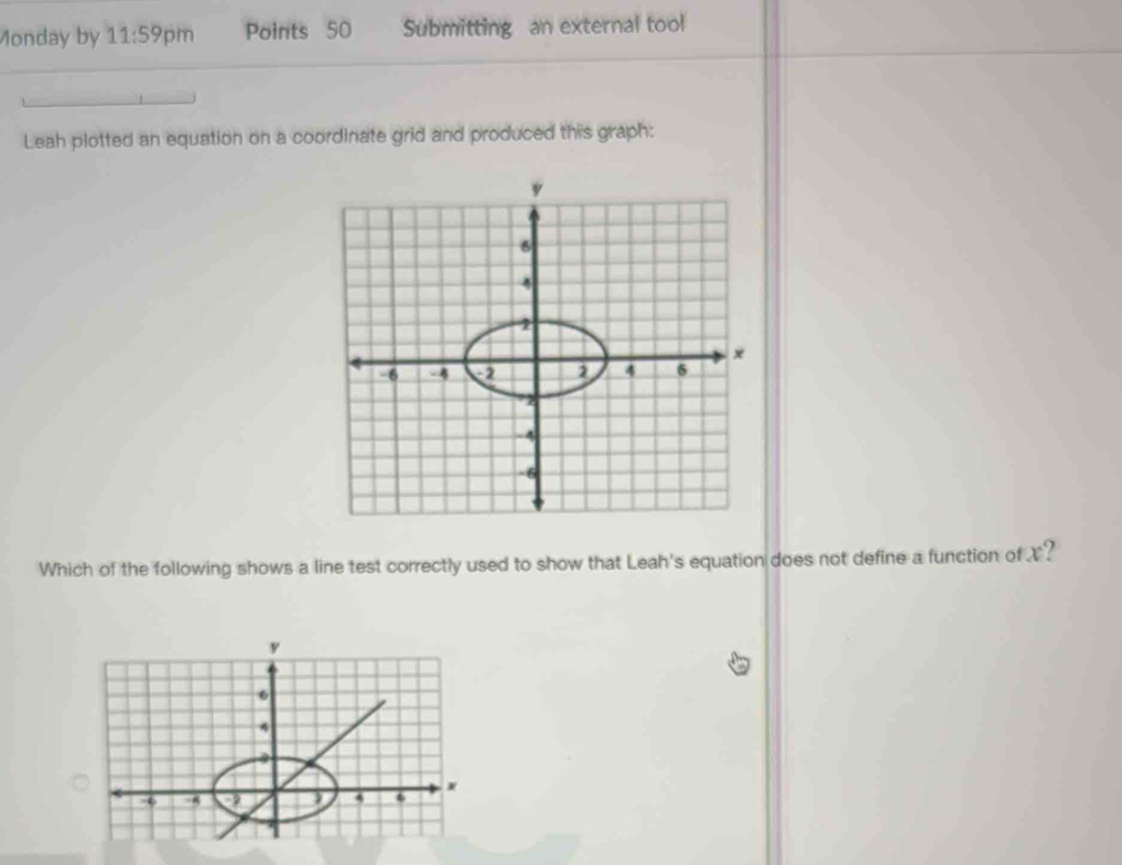 Monday by 11:59 pm Points 50 Submitting an external tool 
Leah plotted an equation on a coordinate grid and produced this graph: 
Which of the following shows a line test correctly used to show that Leah's equation does not define a function of X?
y
4
-5 -4 ) 4 6