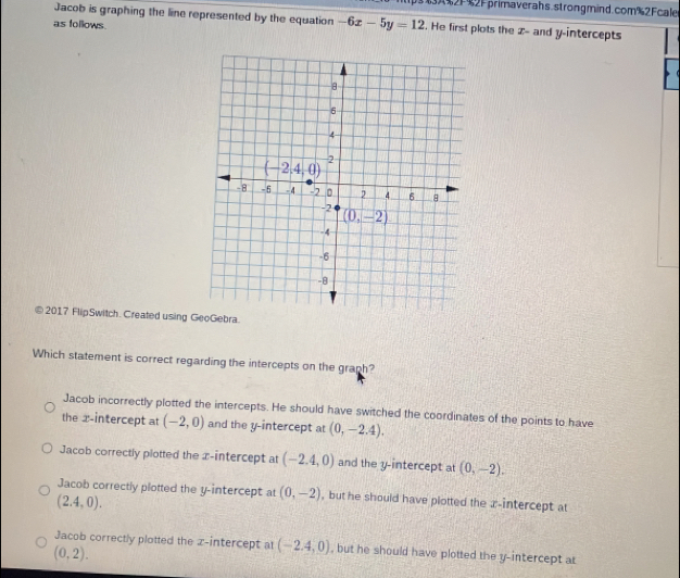 32F2Fprimaverahs.strongmind.com%2Fcaler
Jacob is graphing the line represented by the equation -6x-5y=12. He first plots the z- and y-intercepts
as follows.
2017 FlipSwitch. Created using Gera.
Which statement is correct regarding the intercepts on the graph?
Jacob incorrectly plotted the intercepts. He should have switched the coordinates of the points to have
the x-intercept at (-2,0) and the y-intercept at (0,-2.4).
Jacob correctly plotted the x-intercept at (-2.4,0) and the y-intercept at (0,-2).
Jacob correctly plotted the y-intercept at (0,-2) , but he should have plotted the x-intercept at
(2.4,0).
Jacob correctly plotted the z-intercept at (-2.4,0) , but he should have plotted the y-intercept at
(0,2).