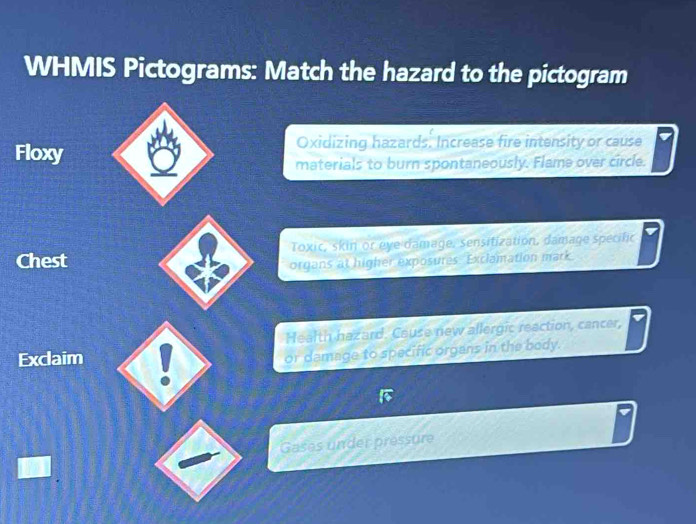 Solved: WHMIS Pictograms: Match the hazard to the pictogram Floxy ...