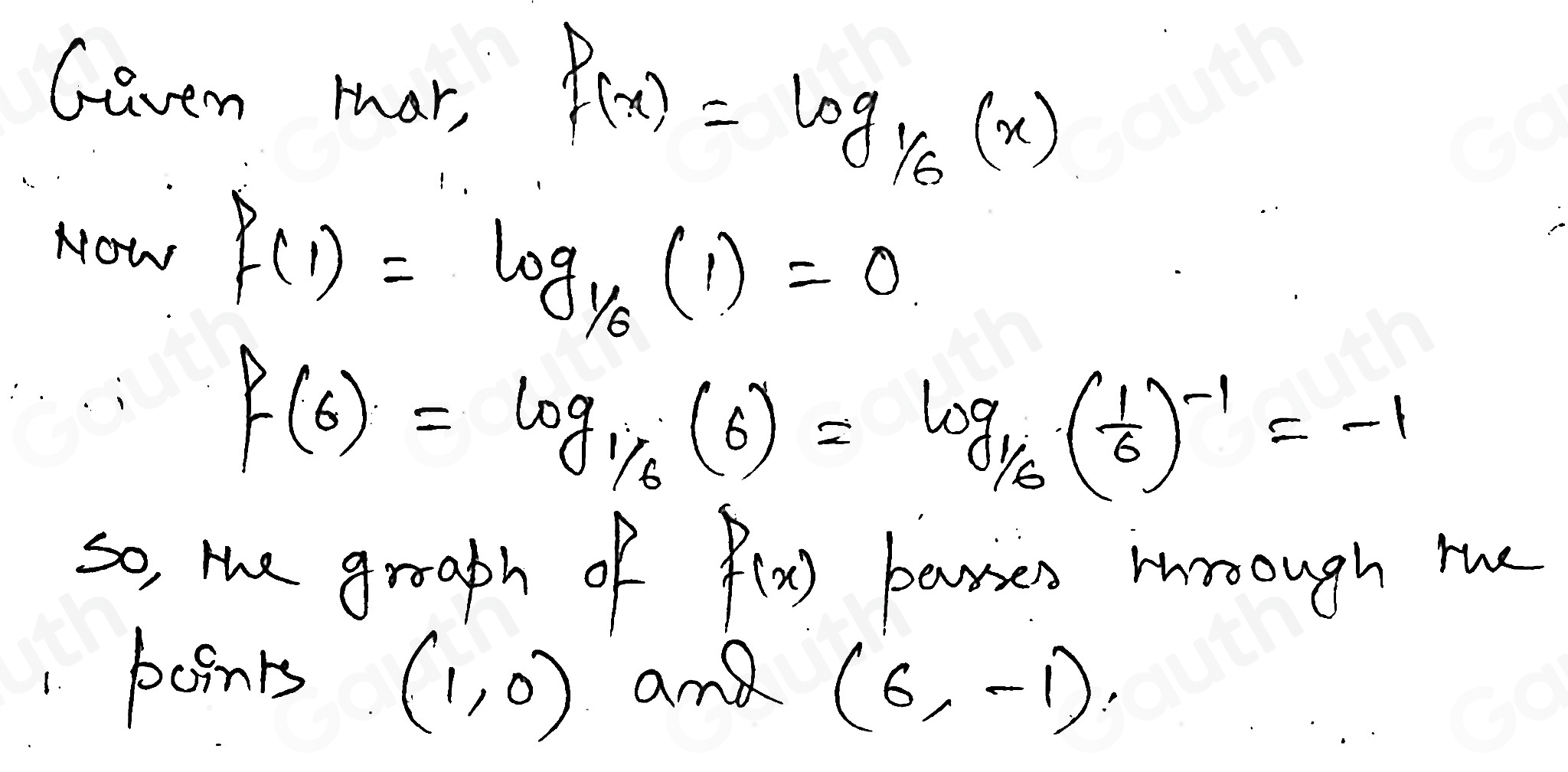 Gaven mar, f(x)=log _1/6(x)
Now f(1)=log _1/6(1)=0
f(6)=log _1/6(6)=log _1/6( 1/6 )^-1=-1
so, the groaph of f(x) parses rroough mhe 
1. points (1,0) and (6,-1)