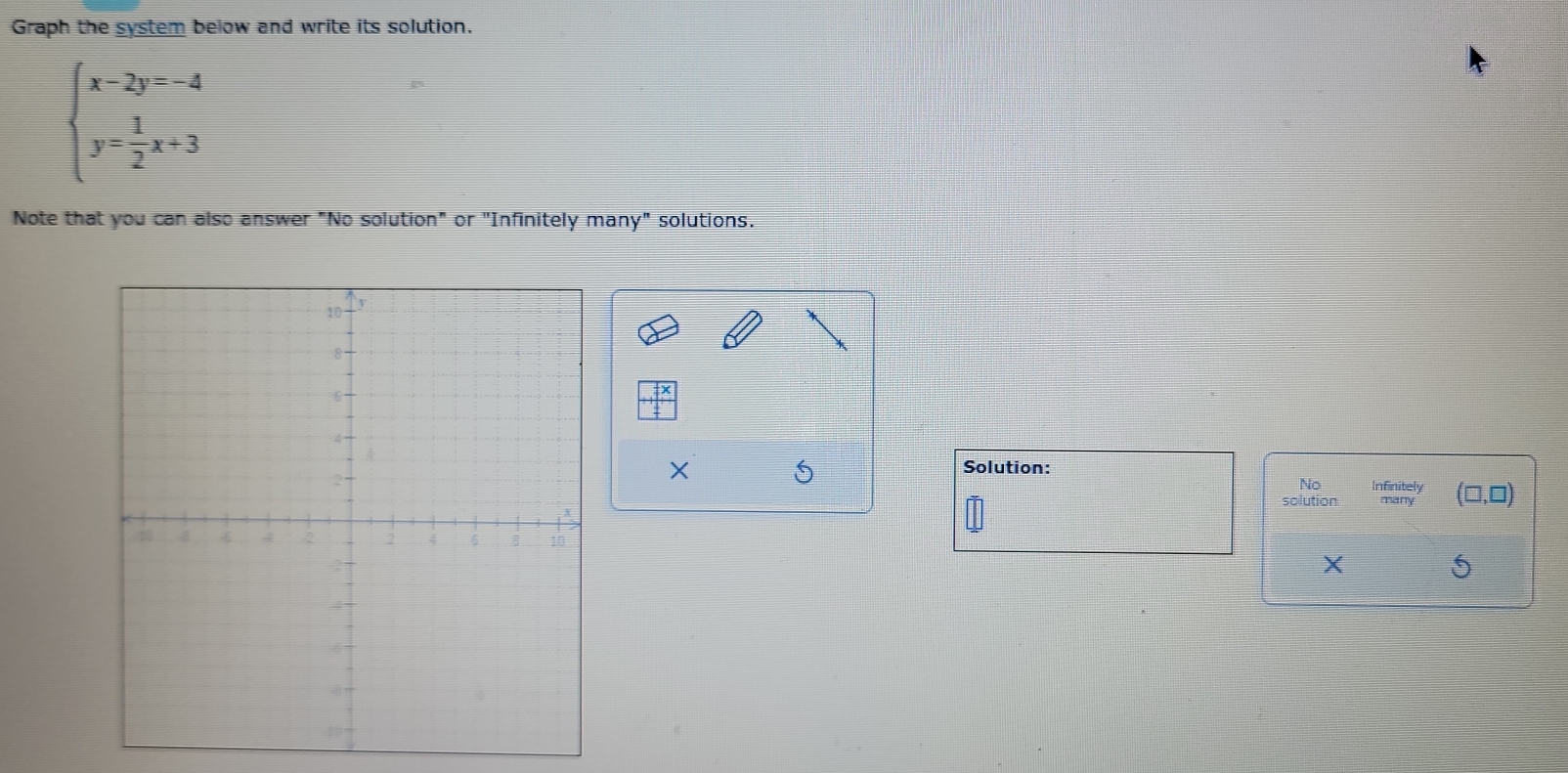 Graph the system below and write its solution.
beginarrayl x-2y=-4 y= 1/2 x+3endarray.
Note that you can also answer "No solution" or "Infinitely many" solutions. 
Solution: 
No Infinitely (□ ,□ )
solution
X