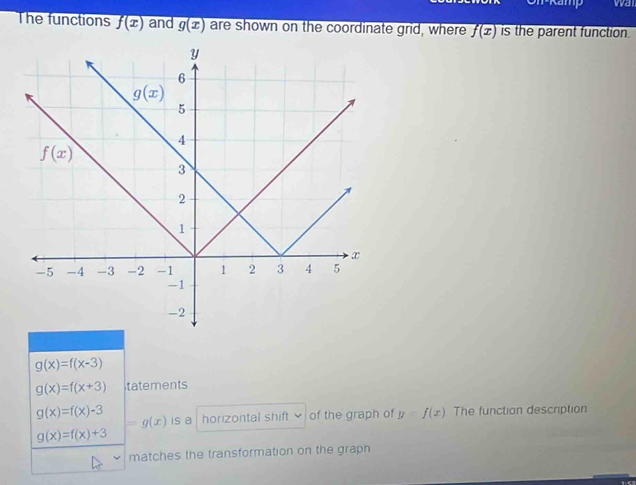 Ramp wa
The functions f(x) and g(x) are shown on the coordinate grid, where f(x) is the parent function.
g(x)=f(x-3)
g(x)=f(x+3) tatements
g(x)=f(x)-3 is a horizontal shift of the graph of y=f(x) The function description
=g(x)
g(x)=f(x)+3
matches the transformation on the graph