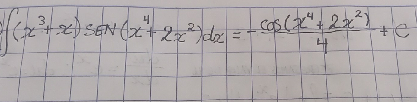 ∈t (x^3+x)sec (x^4+2x^2)dx=- (cos (x^4+2x^2))/4 +c