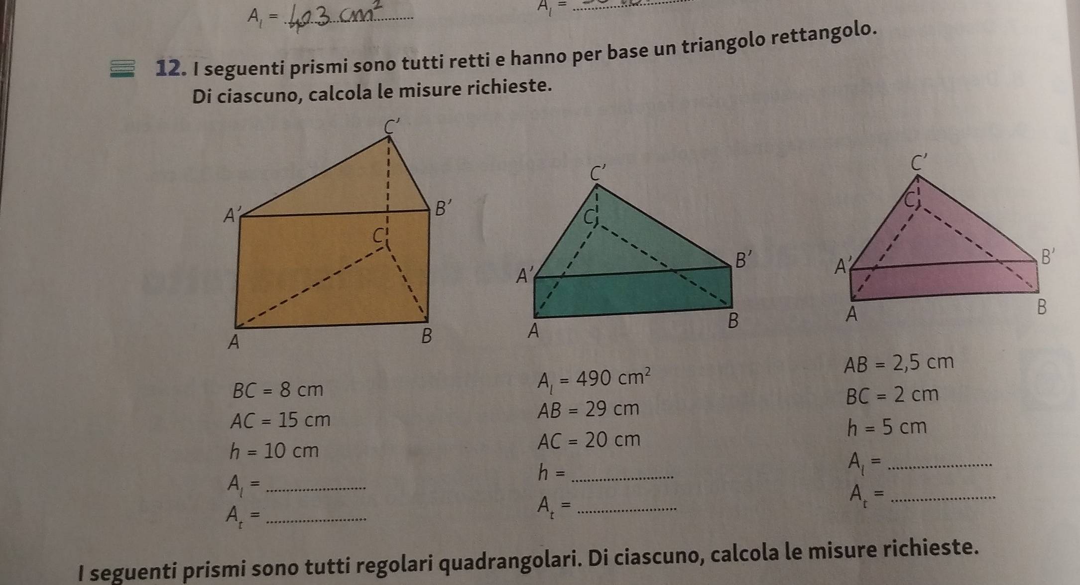 A_1= _
_ A_1=
12. I seguenti prismi sono tutti retti e hanno per base un triangolo rettangolo.
Di ciascuno, calcola le misure richieste.
AB=2,5cm
BC=8cm
A_1=490cm^2
BC=2cm
AB=29cm
AC=15cm
h=5cm
h=10cm
AC=20cm
h= _
_ A_1=
_ A_1=
_ A_t=
_ A_t=
_ A_t=
I seguenti prismi sono tutti regolari quadrangolari. Di ciascuno, calcola le misure richieste.