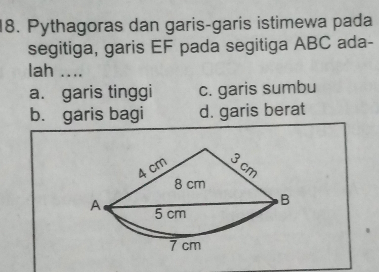 Pythagoras dan garis-garis istimewa pada
segitiga, garis EF pada segitiga ABC ada-
lah ....
a. garis tinggi c. garis sumbu
b. garis bagi d. garis berat