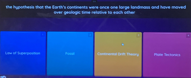 the hypothesis that the Earth’s continents were once one large landmass and have moved
over geologic time relative to each other
.
4
Law of Superposition Fossil Continental Drift Theory Plate Tectonics