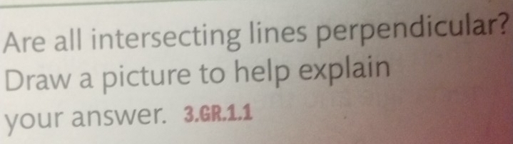 Are all intersecting lines perpendicular? 
Draw a picture to help explain 
your answer. 3.GR.1.1
