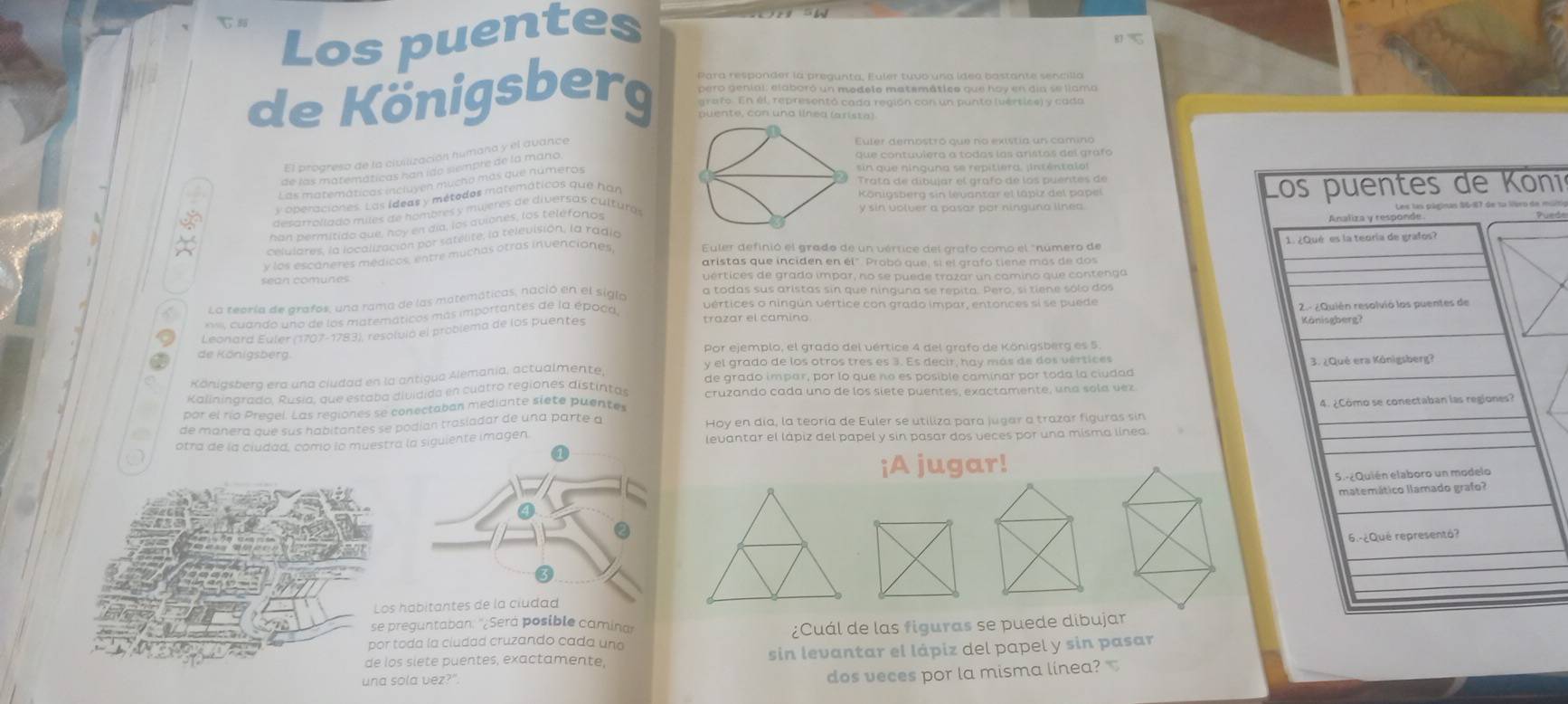 Los puentes
87.35
de Königsberg Para responder la pregunta, Euler tuvo una idea bastante sencilla
pero genial: elaboró un medelo matemático que hoy en día se liama
grafo. En él, representó cada región con un punto (vertics) y cada
puente, con una llned (arista)
El progreso de la civilización humana y el avance
Euler dembstró que no existia un camino
sin que ninguna se repitiera, ;inténtalo!
de las matemáticas han ido siempre de la mano.
que contuviera a todas las aristos del gráfo
Trata de dibujar el grafo de los puentes de
Las matemáticas incluyen mucho más que números
y operaciones. Las ídeas y métodos matemáticos que han
Königsberg sin levantar el lapiz del papel ní
desarrollado miles de hombres y mujeres de diversas culturós
y sin volver a pasar par ninguna ilnea. 
han permitido que, noy en dia, los aviones, los telefonos
celulares, la localización por satélite, la televisión, la radia
y los escáneres médicos, entre muchas otras invenciones Euler definió el grado de un vértice del grafo como el "número de 
aristas que inciden en él". Probó que, sí el grafo tiene más de dos
sean comunes vértices de grado impar, no se puede trazar un comino que contenga
a todas sus aristas sin que ninguna se repita. Pero, si tiene sólo dos
La zeoría de grafos, una rama de las matemáticas, nació en el siglo
vértices o ningún vértice con grado impar, entonces si se puede
cuando uno de los matemáticos más importantes de la época, trazar el camino
Leonard Euler (1707-1783), resolvió el probiema de los puentes 
de Königsberg Por ejemplo, el grado del vértice 4 del grafo de Königsberg es 5
y el grado de los otros tres es 3. Es decir, hay más de dos vértices
Köniasberg era una ciudad en la antiqua Alemania, actualmente, de grado impar, por lo que no es posible caminar por toda la ciudad 
Kalininarado. Rusia, que estaba dividida en cuatro regiones distintas cruzando cada uno de los siete puentes, exactamente, una sola vez
por el río Pregel. Las regiones se conectaban mediante siete puentes
de manera qué sus habitantes se podian trasladar de una parte a Hoy en día, la teoría de Euler se utiliza para jugar a trazar figuras sin
otra de la ciudad, como lo muestra la siguiente imagen. levantar el lápiz del papel y sin pasar dos veces por una misma línea
¡A jugar!
Los habitante
se preguntaban: '¿Será posible caminar
por toda la cludad cruzando cada une ¿Cuál de las figuras se puede dibujar
de los siete puentes, exactamente, sin levantar el lápiz del papel y sin pasar
una sola vez?"
dos veces por la misma línea?