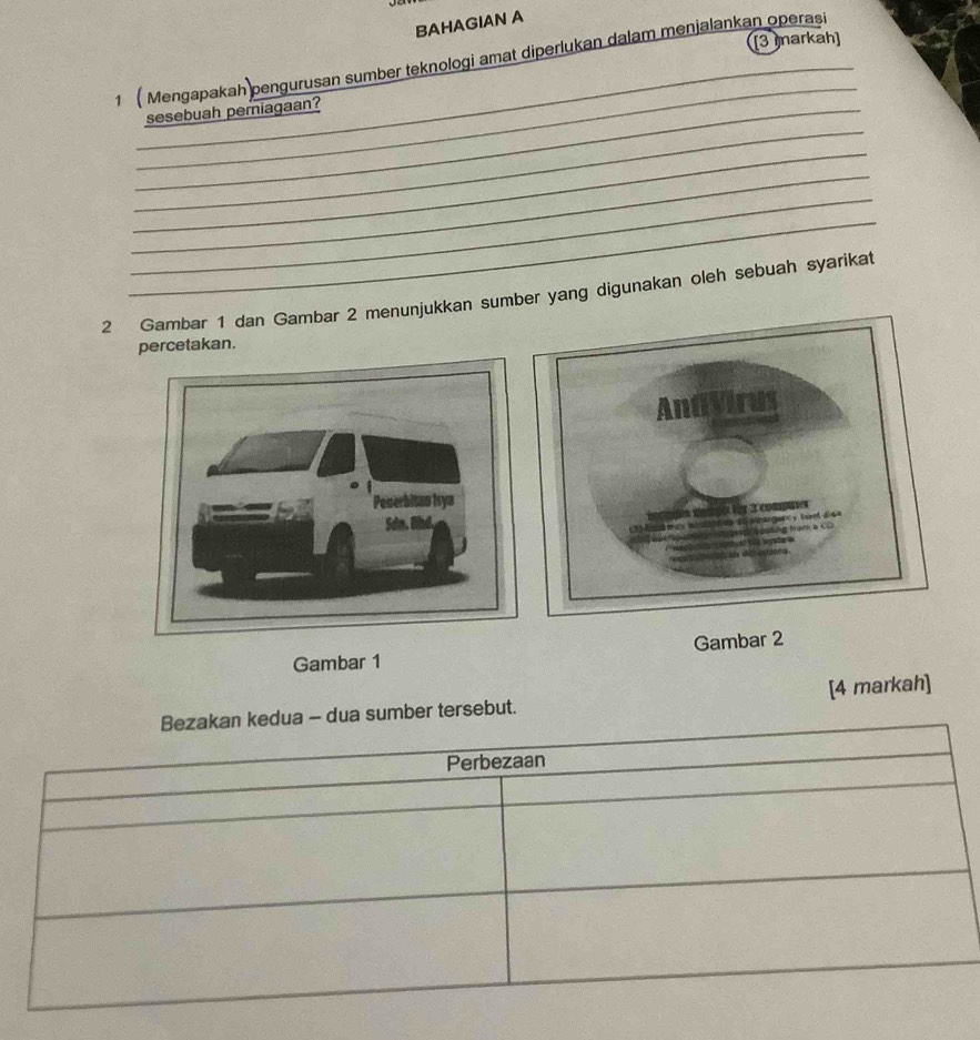 BAHAGIAN A 
[3 markah] 
1 ( Mengapakah pengurusan sumber teknologi amat diperlukan dalam menjalankan operasi 
_ 
_ 
_sesebuah pemiagaan? 
_ 
_ 
_ 
_ 
2 Gambar 1 dan Gambar 2 menunjukkan sumber yang digunakan oleh sebuah syarikat 
percetakan. 
Gambar 1 Gambar 2
Bezakan kedua - dua sumber tersebut. [4 markah] 
Perbezaan