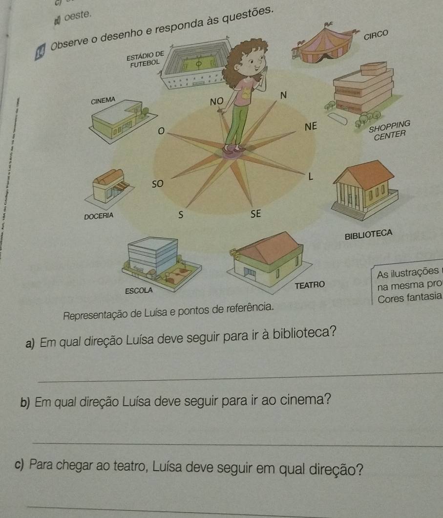 of 
este. 
Observe o desenho e responda às questões. 
As ilustrações 
na mesma pro 
RepresCores fantasia 
a) Em qual direção Luísa deve seguir para ir à biblioteca? 
_ 
b) Em qual direção Luísa deve seguir para ir ao cinema? 
_ 
c) Para chegar ao teatro, Luísa deve seguir em qual direção? 
_