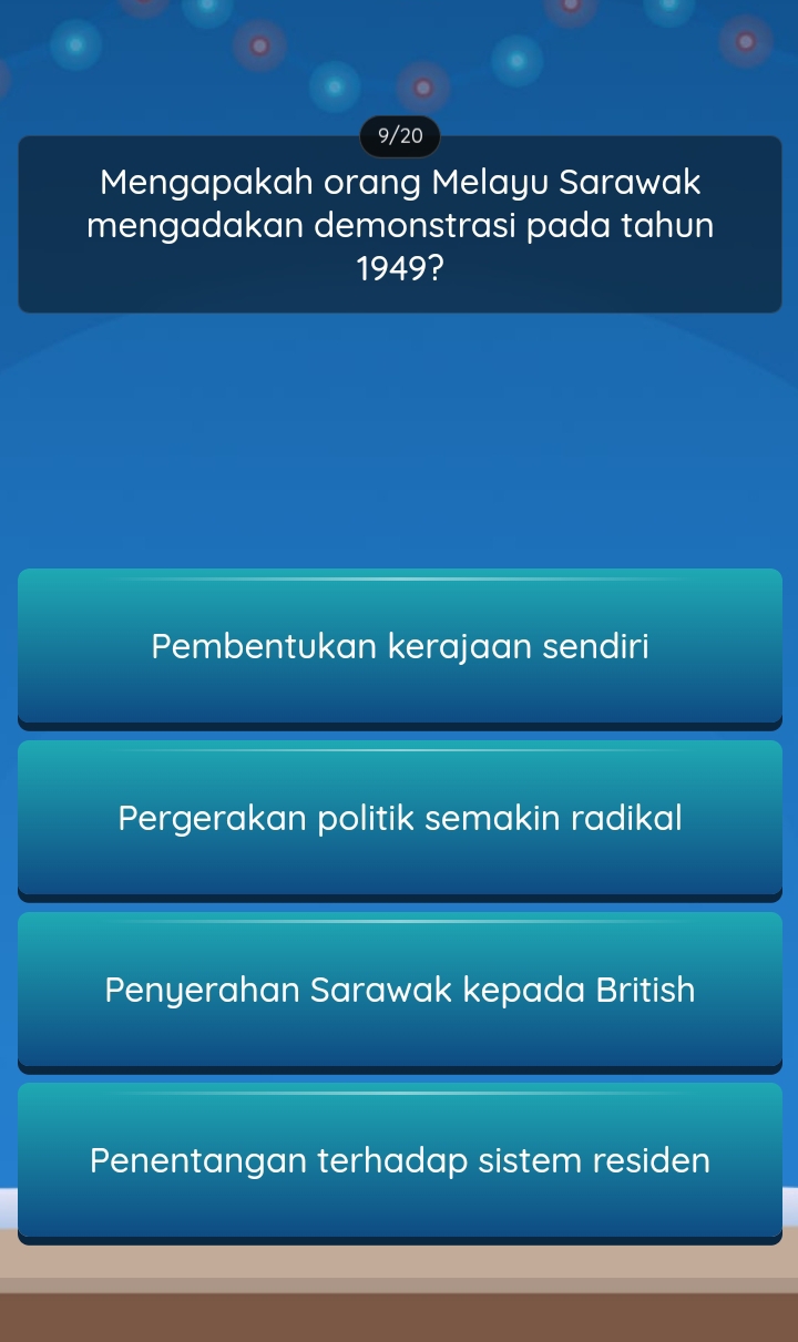 9/20
Mengapakah orang Melayu Sarawak
mengadakan demonstrasi pada tahun
1949?
Pembentukan kerajaan sendiri
Pergerakan politik semakin radikal
Penyerahan Sarawak kepada British
Penentangan terhadap sistem residen