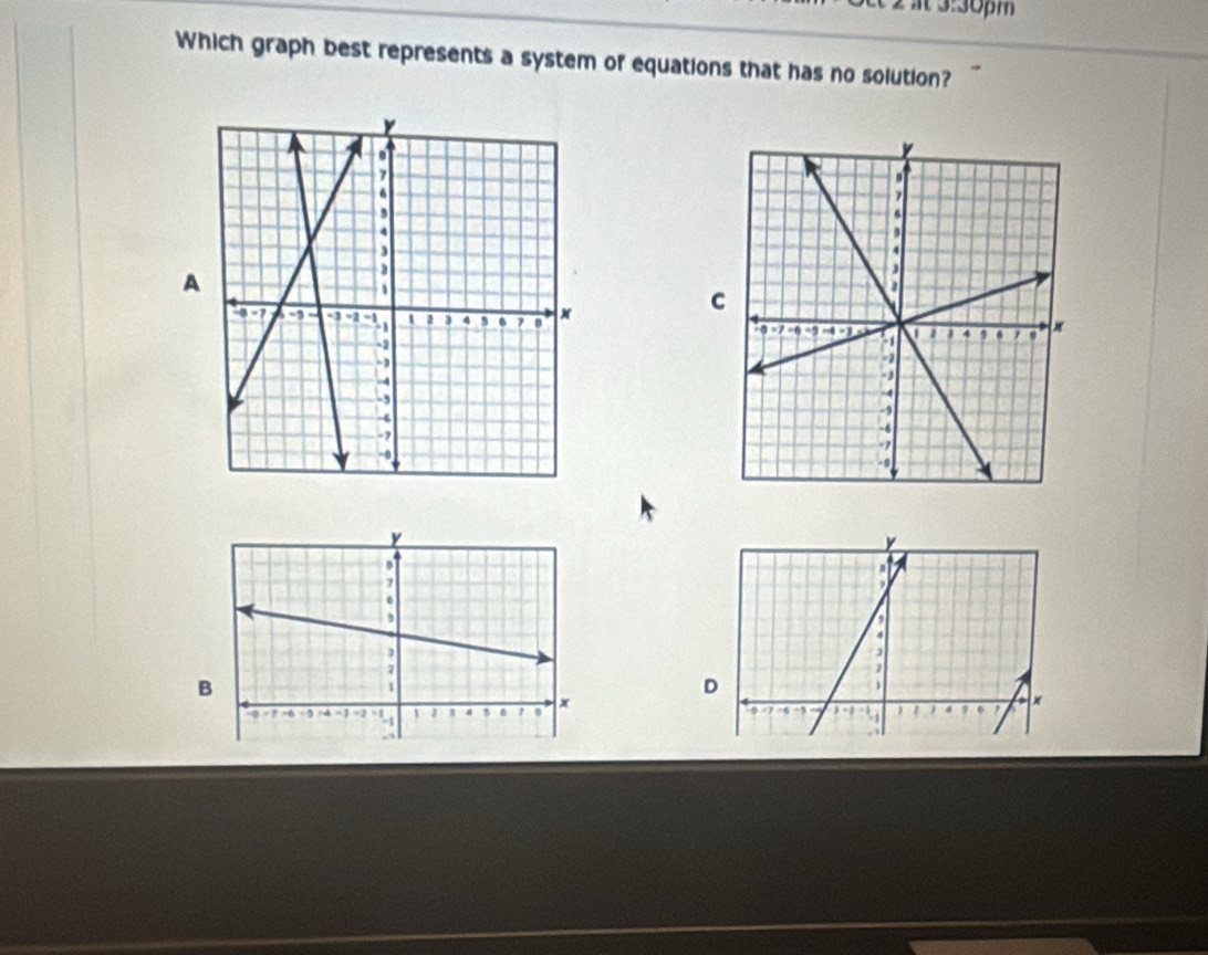 3:30pm 
Which graph best represents a system of equations that has no solution? 
A 
C 

B 
D