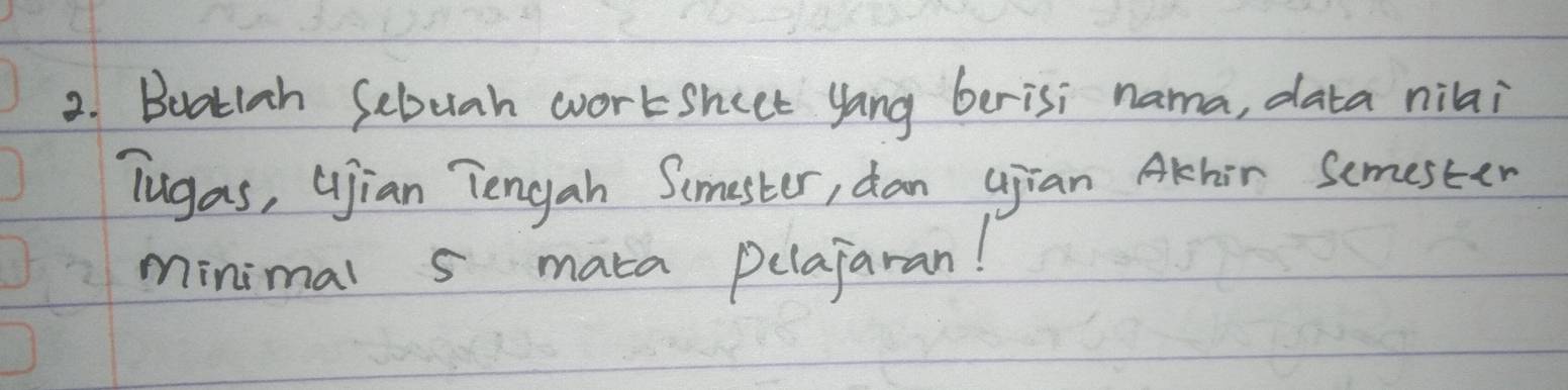 Beatiah Sebuah workshect yang berisi nama, data nilai 
Tugas, Gjian Tengah Simester, dan ujian Athir Semester 
minimal s maca pelajaran!