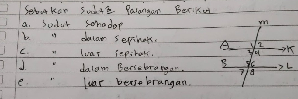 Sebut kan sudurs. Parangan BeriKut
a. Sodur sehadap
b.
dalam sepihak.
C. u1 lvar sepihak.. dalam Bersebrangan.
e. lvar bersebrangan.