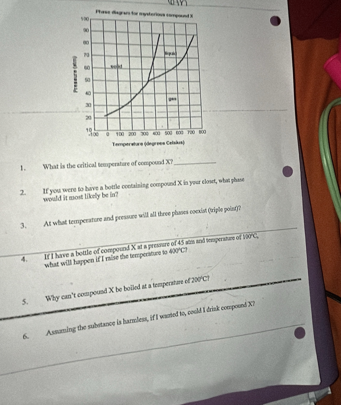 What is the critical temperature of compound X?_ 
2. If you were to have a bottle containing compound X in your closet, what phase 
would it most likely be in? 
3、 At what temperature and pressure will all three phases coexist (triple point)? 
4. If I have a bottle of compound X at a pressure of 45 atm and temperature of
100°C, 
what will happen if I raise the temperature to 400°C 2 
5. Why can't compound X be boiled at a temperature of
200°C ? 
6. Assuring the substance is harmless, if I wanted to, could I drink compound X?