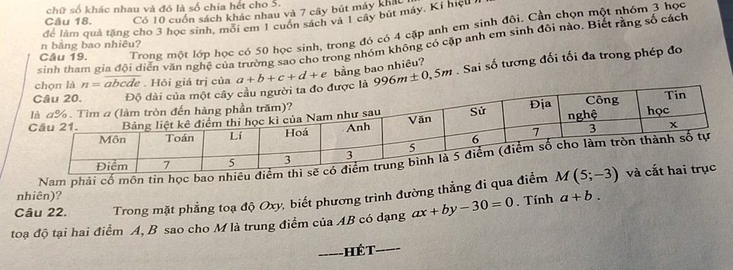 chữ số khác nhau và đó là số chia hết cho 5.
Câu 18. Có 10 cuốn sách khác nhau và 7 cây bút máy khác
để làm quả tặng cho 3 học sinh, mỗi em 1 cuốn sách và 1 cây bút mây. Kí hiệu 7
Câu 19. Trong một lớp học có 50 học sinh, trong đó có 4 cặp anh em sinh đôi. Cần chọn một nhóm 3 học
n bằng bao nhiêu?
sinh tham gia đội diễn văn nghệ của trường sao cho trong nhóm không có cặp anh em sình đôi nào. Biết rằng số cách
a+b+c+d+e bằng bao nhiêu? . Sai số tương đối tối đa trong phép đo
996m± 0,5m
Nam phải cố môn tin học bao nhiêu 
Câu 22.  Trong mặt phẳng toạ độ Oxy, biết phương trình đường thẳng đi qua điểm M(5;-3)
nhiên)?
toạ độ tại hai điểm A, B sao cho M là trung điểm của AB có dạng ax+by-30=0. Tính a+b.
h ế T