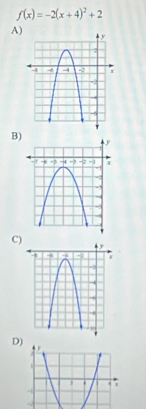 f(x)=-2(x+4)^2+2
A) 
B) 
C) 
D