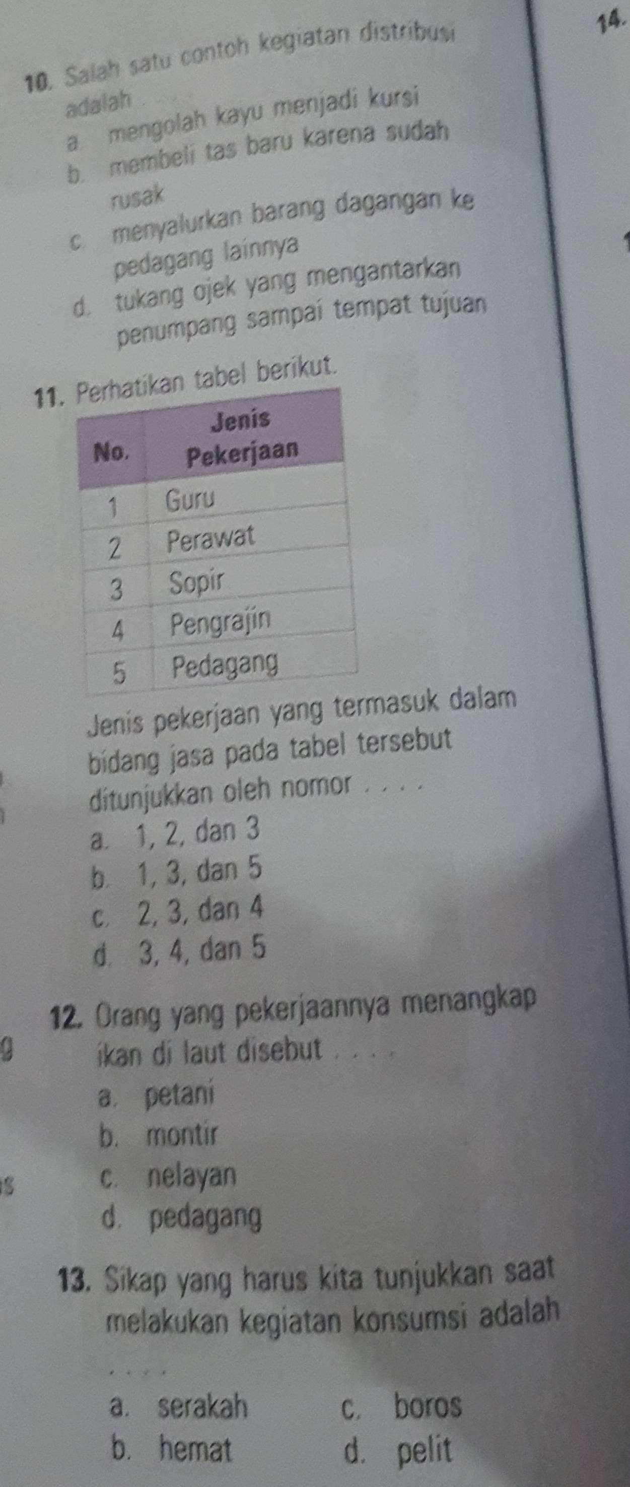 10, Salah satu contoh kegiatan distribusi
14.
adalah
a mengolah kayu menjadi kursi
b. membeli tas baru karena sudah
rusak
c. menyalurkan barang dagangan ke
pedagang lainnya
d. tukang ojek yang mengantarkan
penumpang sampaí tempat tujuan
11el berikut.
Jenis pekerjaan yang asuk dalam
bidang jasa pada tabel tersebut
ditunjukkan oleh nomor . . . .
a. 1, 2, dan 3
b. 1, 3, dan 5
c 2, 3, dan 4
d. 3, 4, dan 5
12. Orang yang pekerjaannya menangkap
a ikan di laut disebut . . ..
a. petaní
b. montir
c. nelayan
d. pedagang
13. Sikap yang harus kita tunjukkan saat
melakukan kegiatan konsumsi adalah
a. serakah c. boros
b. hemat d. pelit