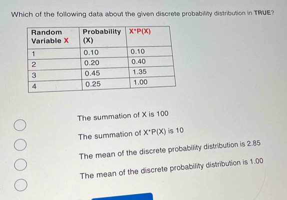 Which of the following data about the given discrete probability distribution in TRUE?
The summation of X is 100
The summation of X^*P(X) is 10
The mean of the discrete probability distribution is 2.85
The mean of the discrete probability distribution is 1.00