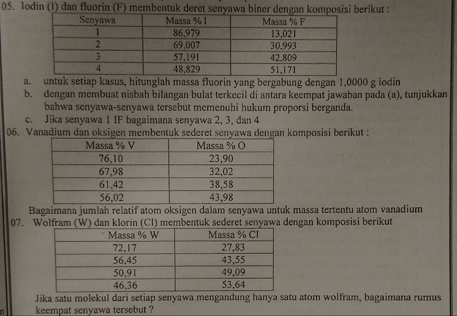 Iodin (1) dan fluorin (F) membentuk deret senyawa biner dengan komposisi berikut : 
a. untuk setiap kasus, hitunglah massa fluorin yang bergabung dengan 1,0000 g iodin 
b. dengan membuat nisbah bilangan bulat terkecil di antara keempat jawaban pada (a), tunjukkan 
bahwa senyawa-senyawa tersebut memenuhi hukum proporsi berganda. 
c. Jika senyawa 1 IF bagaimana senyawa 2, 3, đan 4
06. Vanadium dan oksigen membentuk sederet senyawa dengan komposisi berikut : 
Bagaimana jumlah relatif atom oksigen dalam senyawa untuk massa tertentu atom vanadium 
07. Wolfram (W) dan klorin (Cl) membentuk sederet senyawa dengan komposisi berikut 
Jika satu molekul dari setiap senyawa mengandung hanya satu atom wolfram, bagaimana rumus 
keempat senyawa tersebut ?